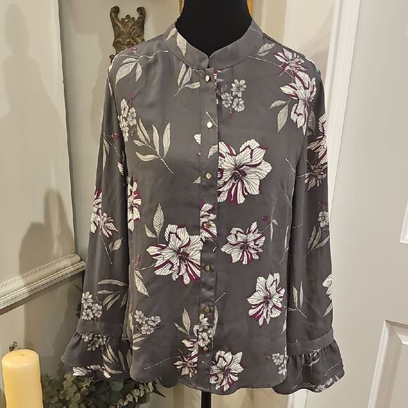 BANANA‎ REPUBLIC Gray Floral Button-up Blouse Size Small Cottagecore Grannycore - Picture 1 of 6